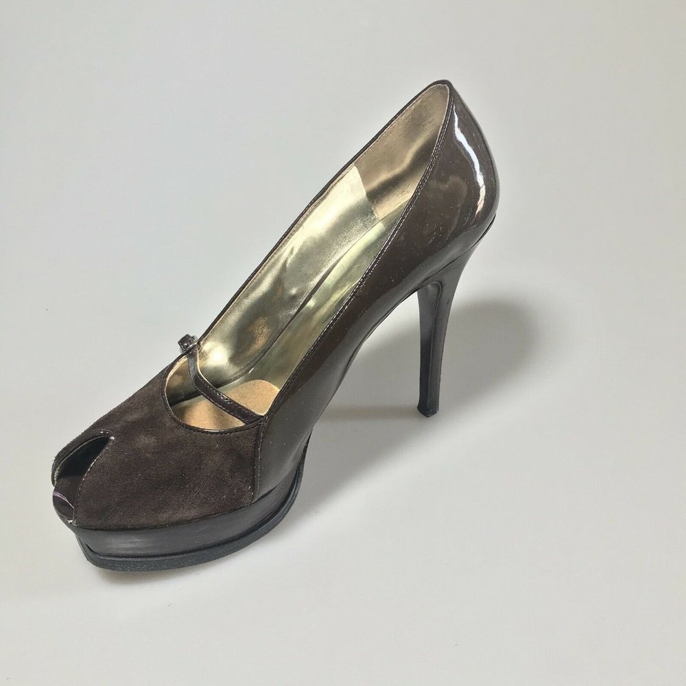 Guess By Marciano Brown Suede Peep Toe Stilettos P